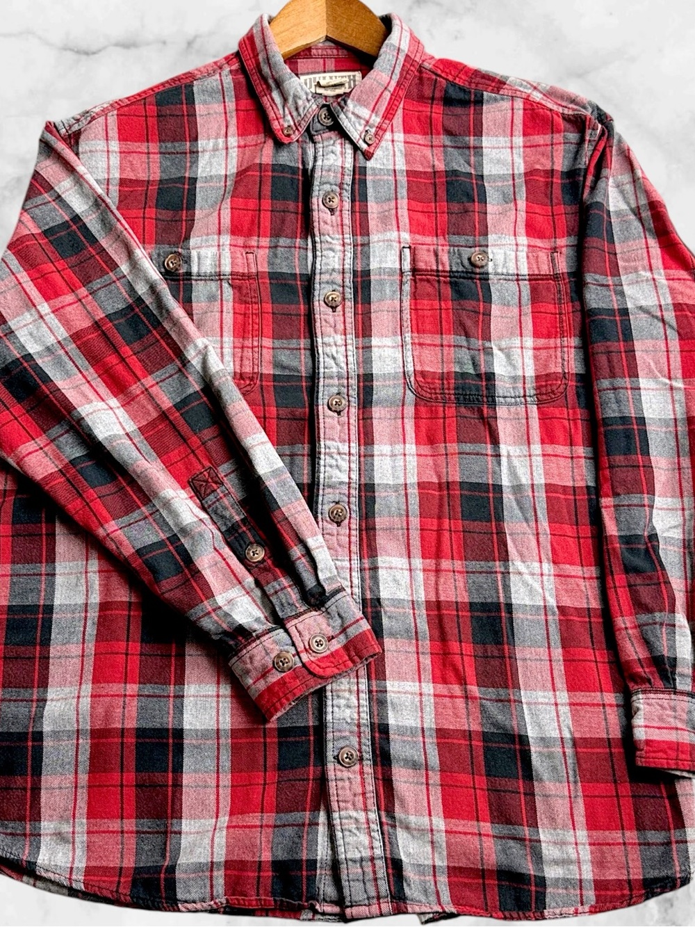 Duluth Trading Mens L Flannel Shirt Red Plaid Button Down Cotton Workwear
